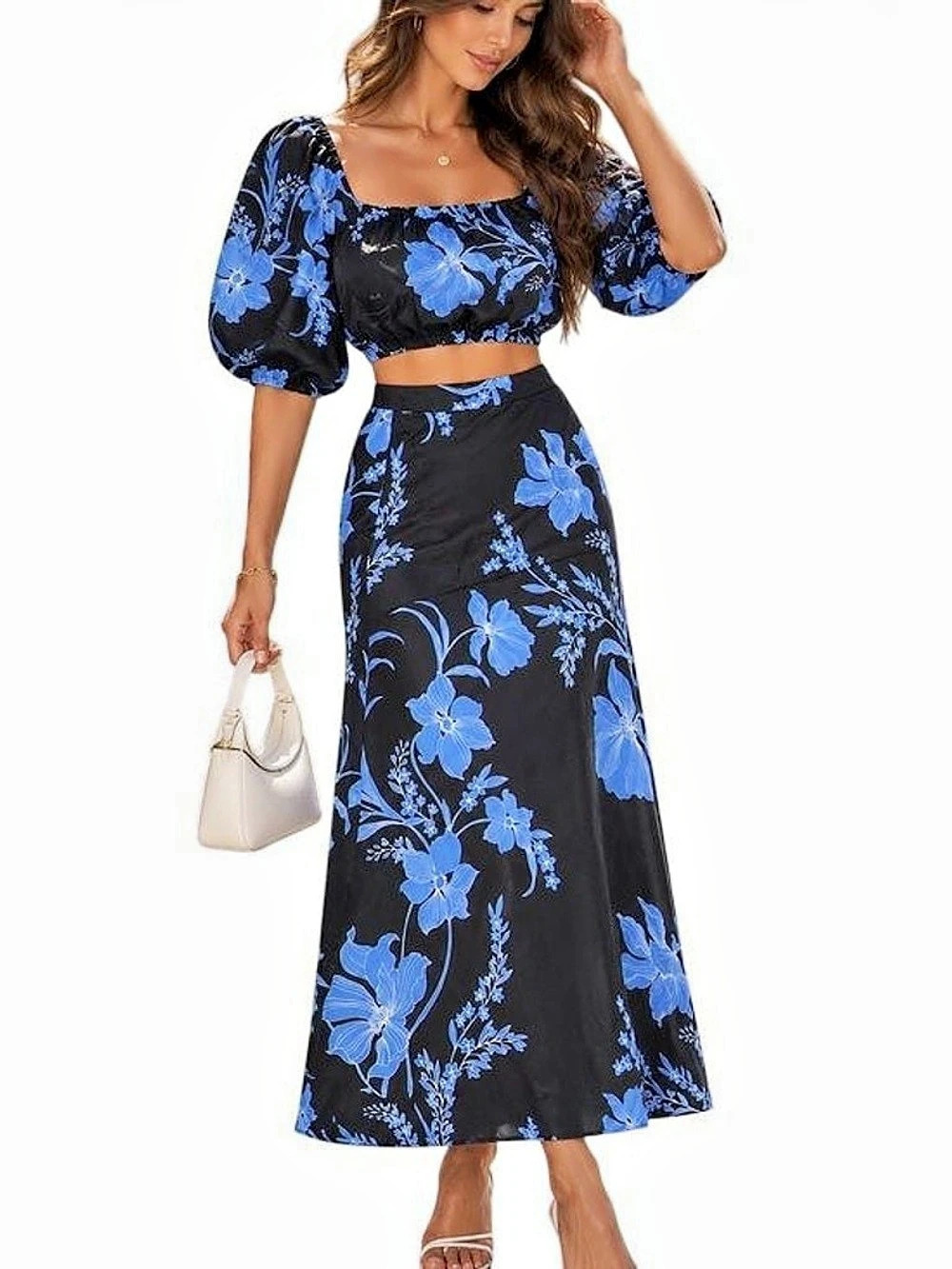 💕 CALYPSO ST. BARTH floral maxi skirt crop top set NEW size L blue black print